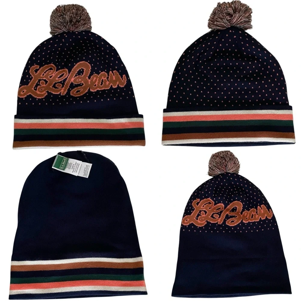 L.L. Bean Navy Blue Katahdin Pom-Pom Script Logo Beanie Hat Women’s/ Unisex